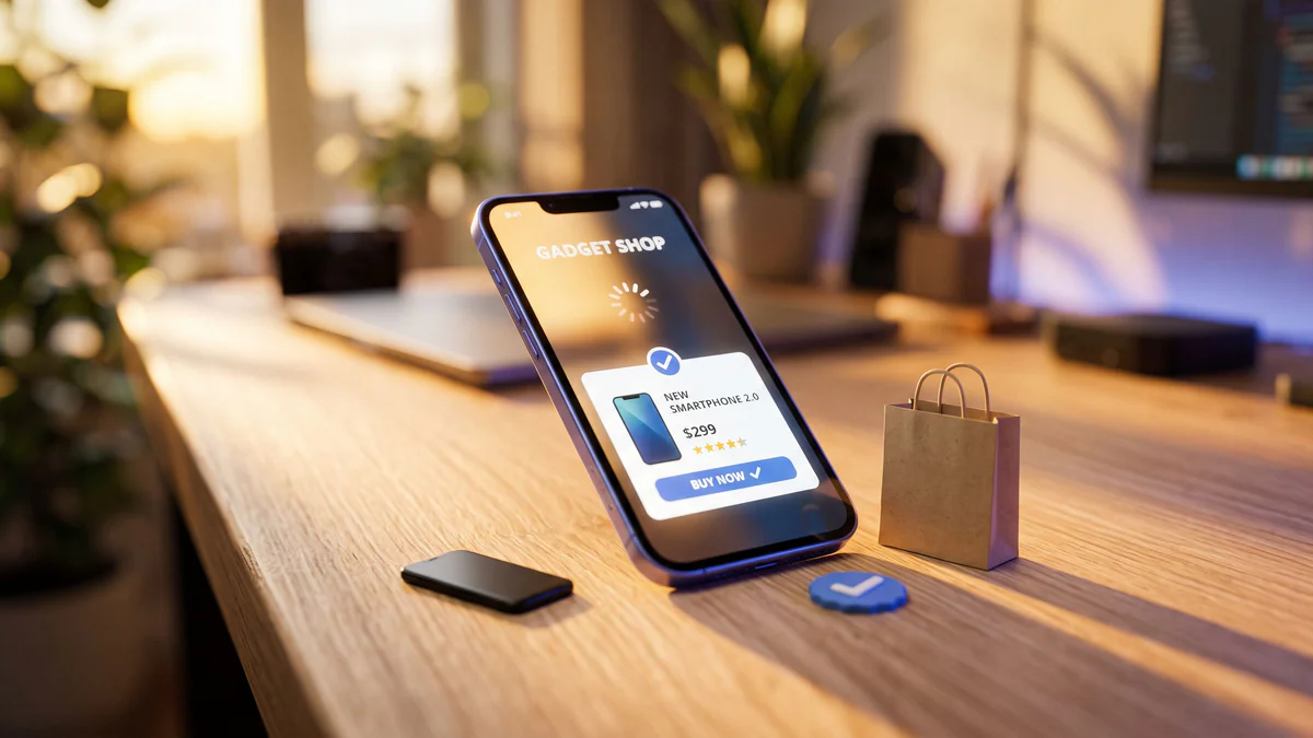 Miniature smartphone displaying an optimized product page, surrounded by small ecommerce symbols, bathed in golden-hour light with periwinkle accents.