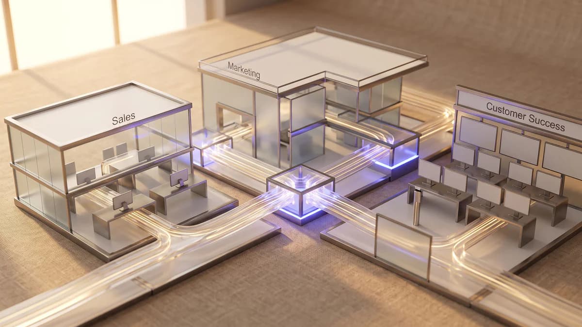 Connected glass modules representing sales, marketing, and customer success departments unified by flowing periwinkle light paths in a golden-hour workspace diorama.