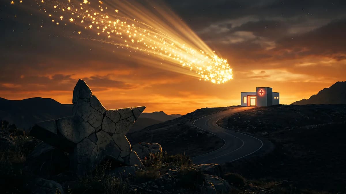 Comet of golden review stars diving across a sunset sky toward a glowing hilltop clinic while a cracked stone star monument sits abandoned in the foreground.