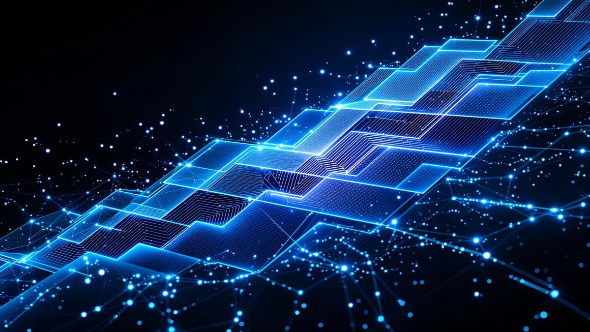 Interconnected digital nodes and flowing data streams representing multiple search platforms, layered with geometric shapes and upward growth trajectories in navy and white tones.