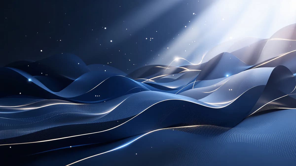 Abstract geometric layers in dark navy and charcoal with interconnected nodes and glowing light rays representing SEO optimization and web design strategy