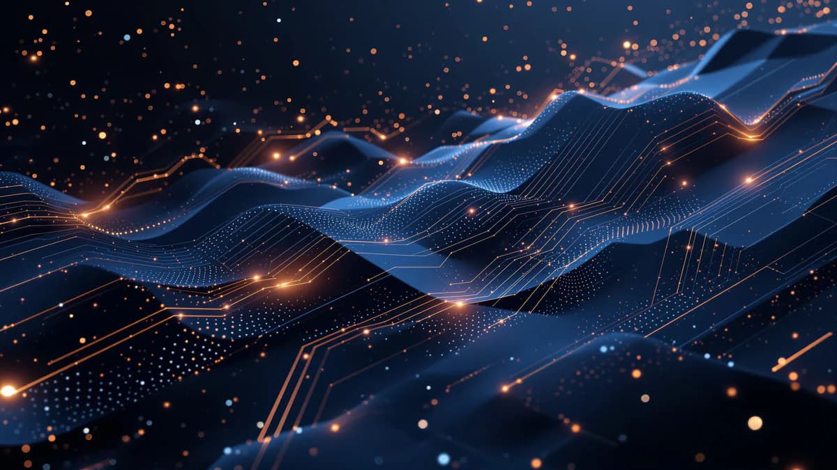 Abstract geometric layers with interconnected nodes and flowing data streams in navy and charcoal tones, representing AI-powered SEO automation and digital optimization.