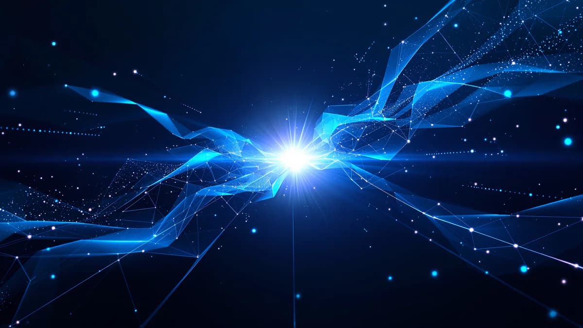 Two converging data streams merging into glowing core, representing integrated SEO and AI optimization strategy for tech companies