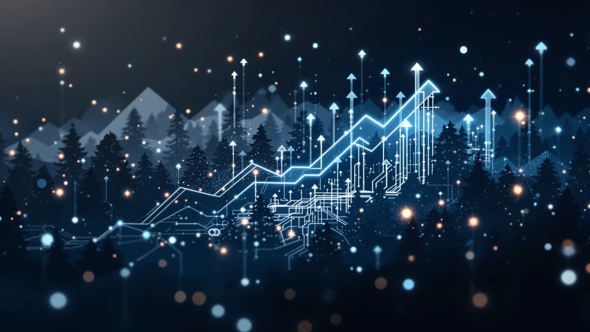 Abstract digital landscape blending forest silhouettes with glowing data nodes and upward growth arrows in navy and gray tones.