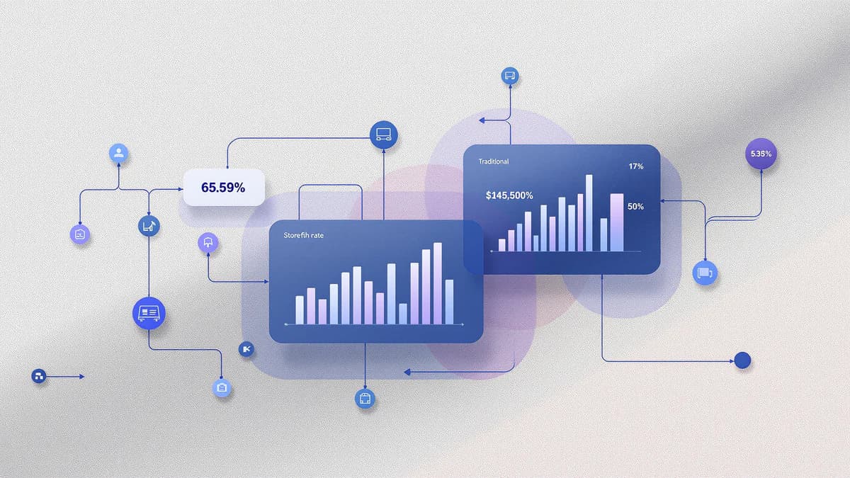 Abstract data visualization comparing social commerce and traditional e-commerce pathways with connected nodes, geometric flows, and conversion metrics on a warm linen background.