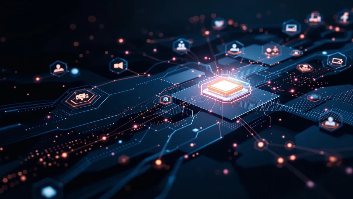 Abstract geometric network with interconnected nodes and data streams converging toward a glowing central point, representing lead generation and paid advertising strategy