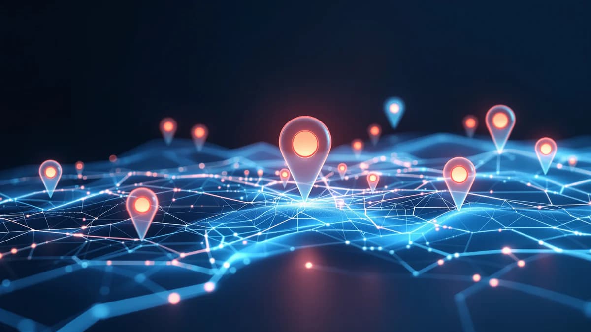 Abstract digital map visualization with glowing location pins and interconnected data nodes representing local search optimization and geographic targeting.