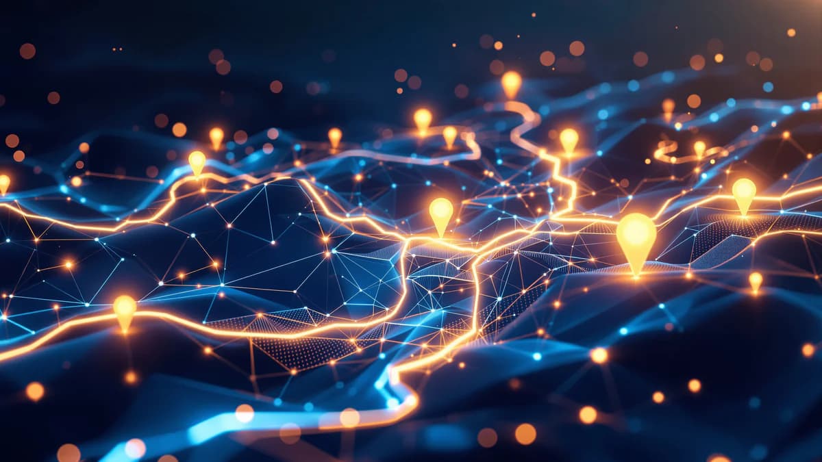 Abstract digital network visualization with layered geometric nodes and glowing pathways representing local search optimization and geographic data connectivity.
