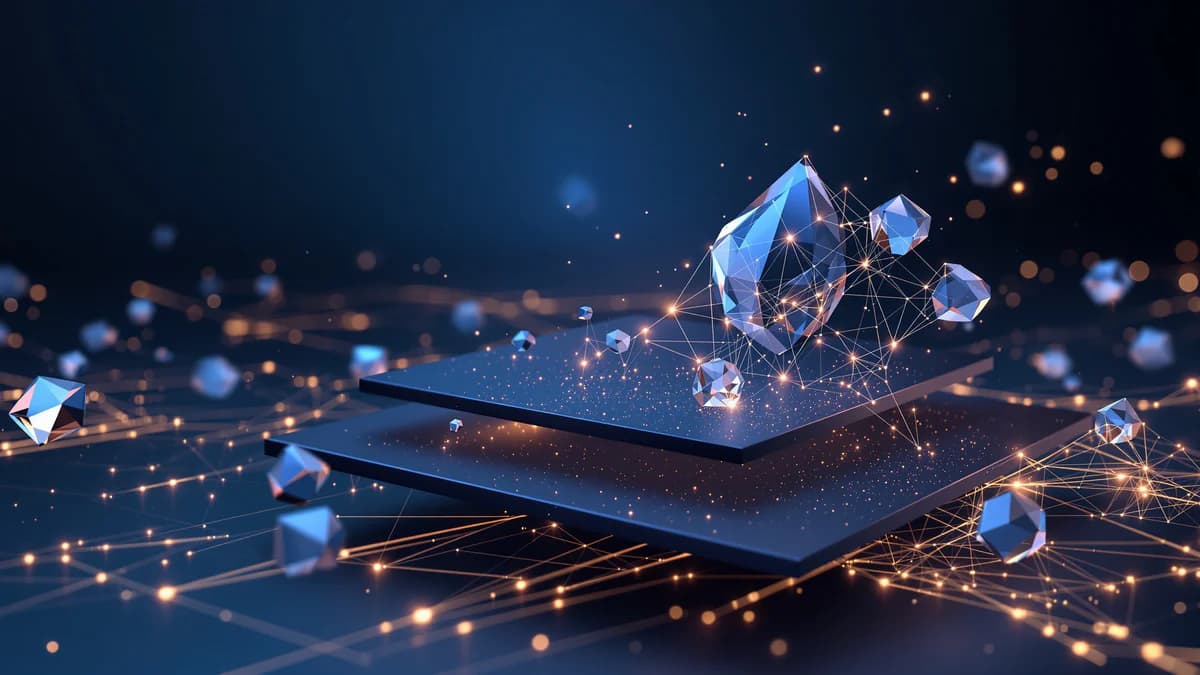 Abstract geometric planes and interconnected nodes with volumetric lighting on dark blue gradient background, representing technical SEO optimization and website architecture.