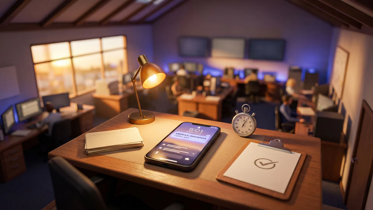Tilt-shift miniature dispatch desk scene with glowing smartphone, stopwatch, service cards, and warm golden-hour lighting emphasizing speed and response urgency.