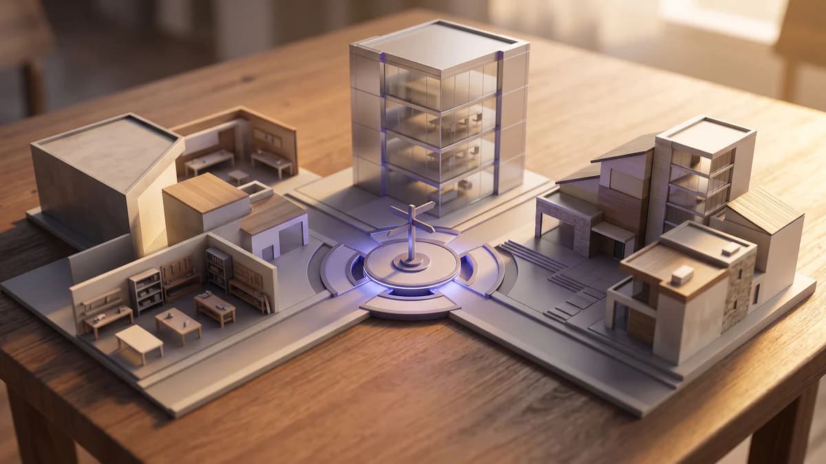 Three miniature pathways representing business decision routes converging at a central hub, bathed in golden-hour light with indigo accents.