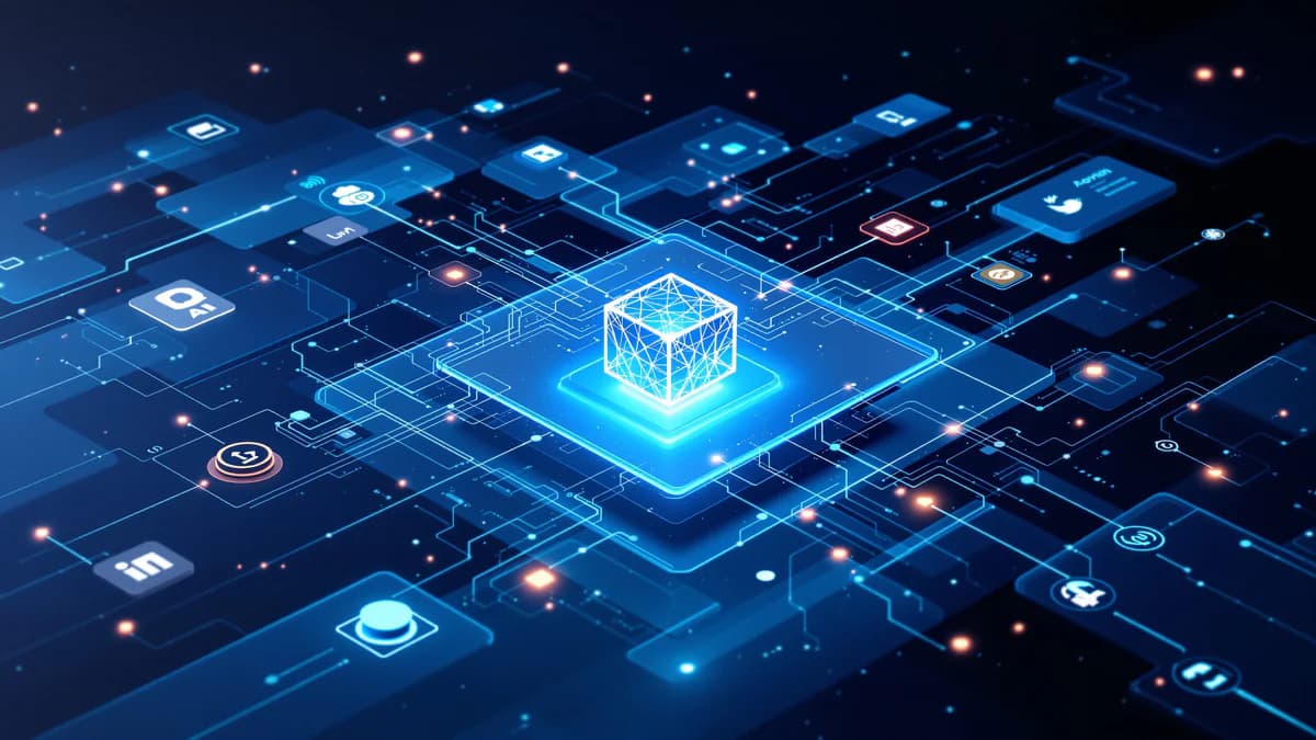 Abstract digital visualization of interconnected nodes and data streams representing social media management platforms and AI integration with layered geometric planes.