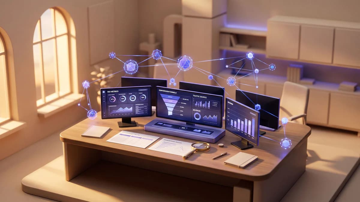 Miniature control room with illuminated analytics dashboards, comparison charts, and periwinkle-accented tech elements in dramatic studio lighting.