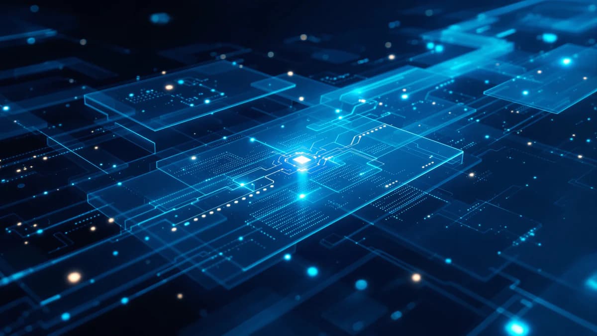Abstract digital infrastructure with interconnected geometric nodes, data pathways, and layered planes in navy and charcoal tones with subtle cyan accents representing AI crawler access control and optimization.