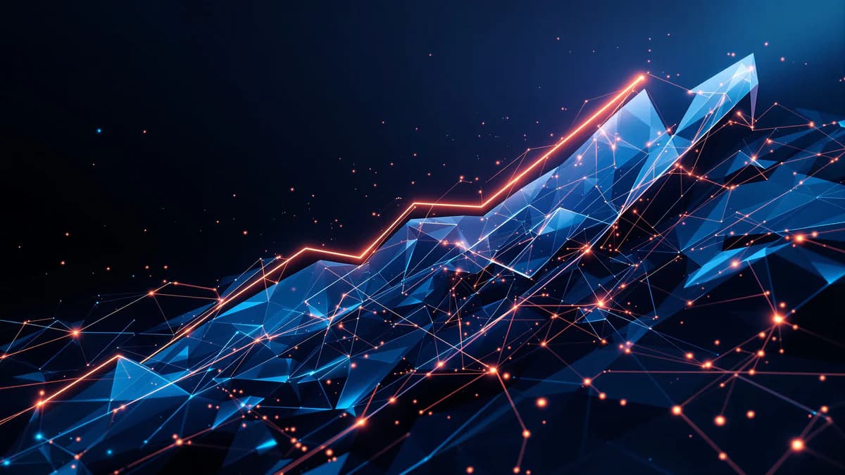 Abstract layered geometric planes with ascending data pathways and neon accent lines representing digital growth and market strategy
