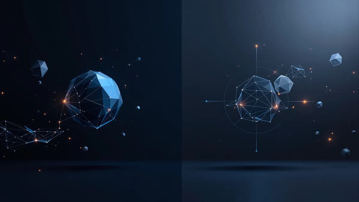 Abstract geometric visualization comparing two distinct strategic platforms with interconnected data networks and targeting crosshairs against a dark professional background.
