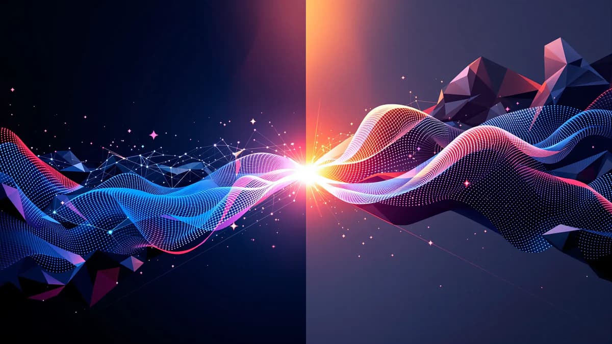 Abstract geometric comparison of two digital pathways—sharp angular structures on left and flowing organic forms on right—connected by data streams in the center with volumetric lighting.