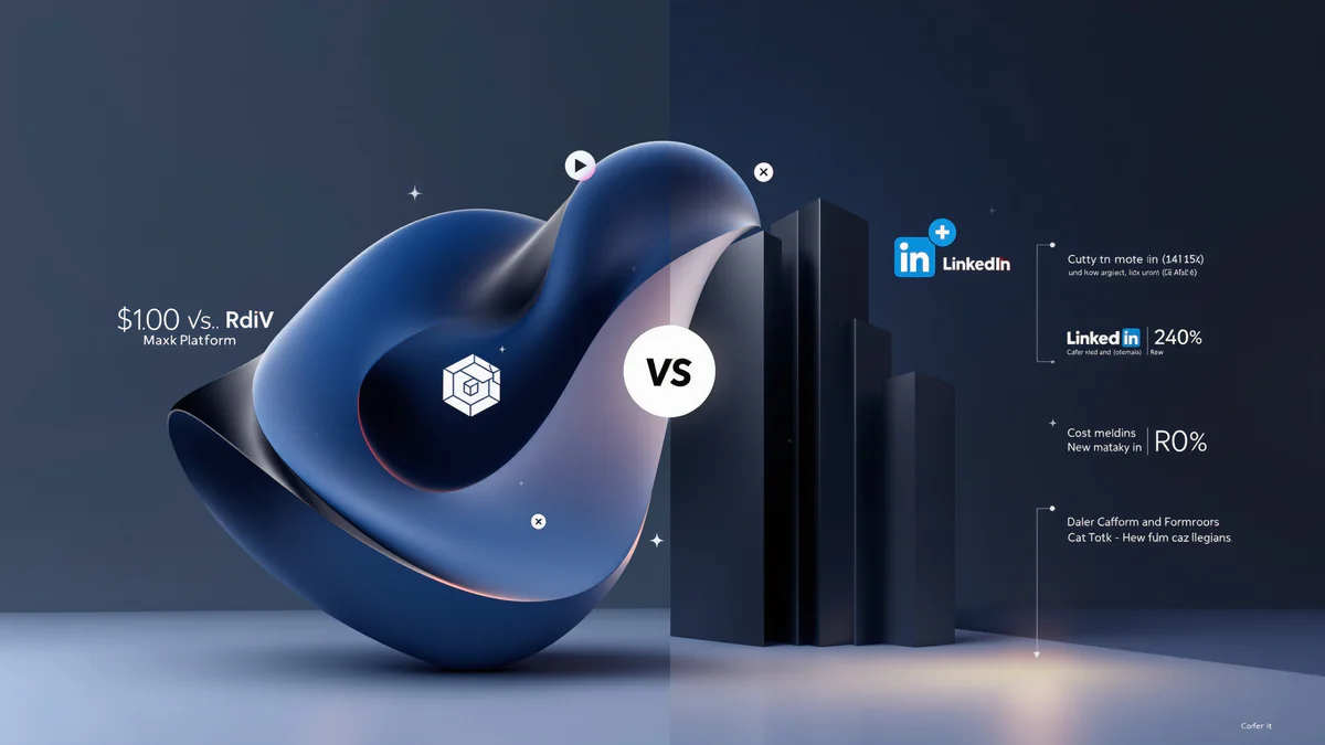 Abstract geometric shapes representing two contrasting platforms with flowing and angular forms, separated by gradient lighting and floating data metrics.