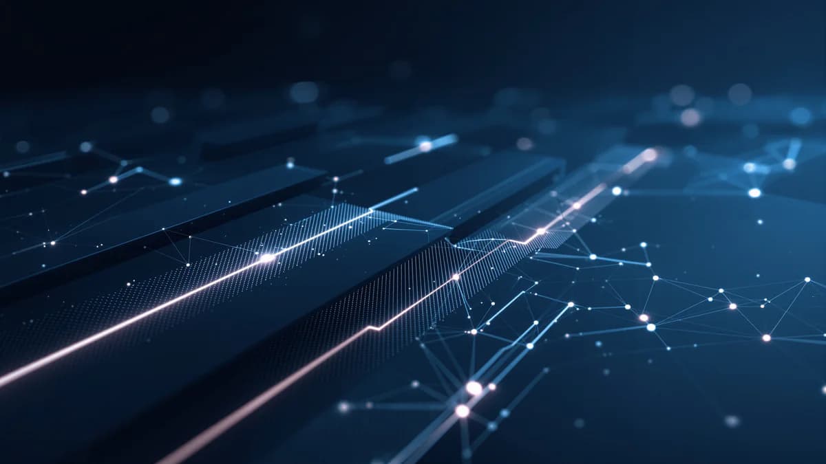 Abstract network of interconnected geometric nodes and pathways with volumetric lighting against dark navy background, representing digital connectivity and SEO structure.