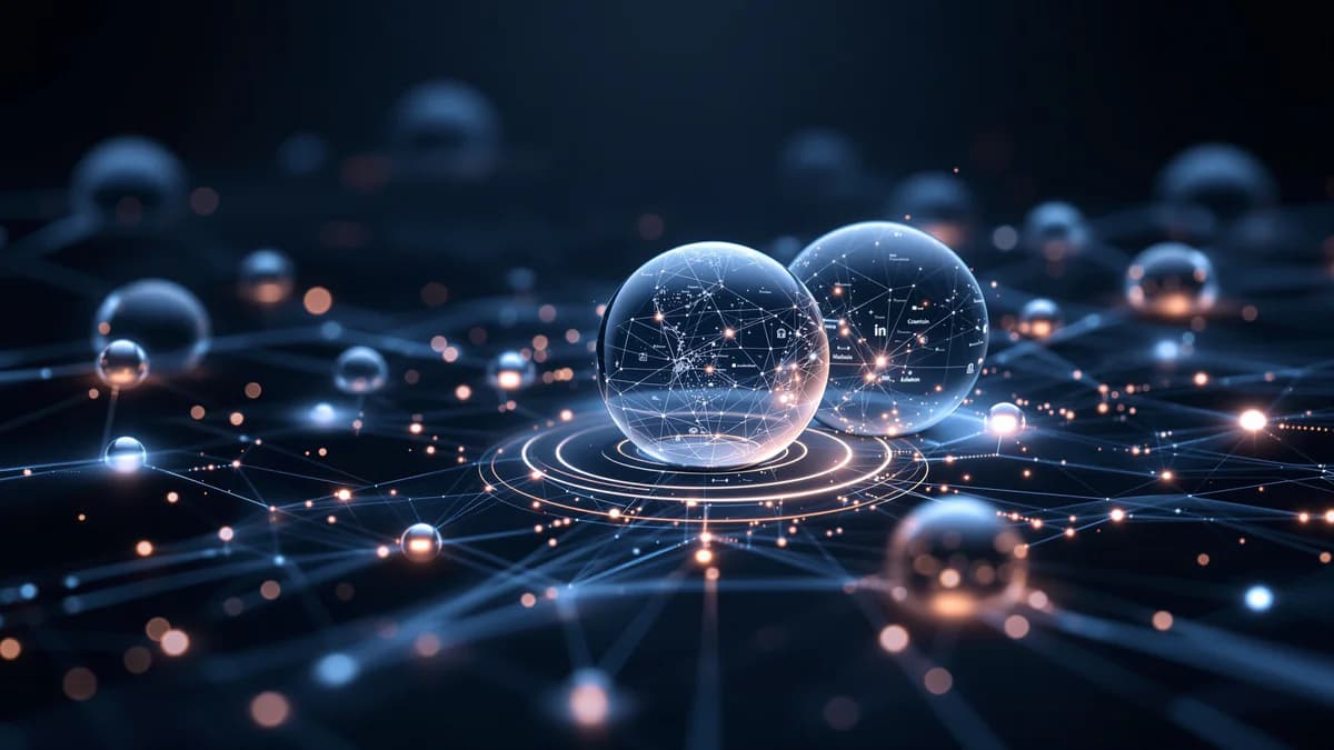 Abstract digital ecosystem with interconnected geometric nodes, flowing data streams, and layered transparent spheres in navy, charcoal, and light gray tones representing integrated marketing technologies.