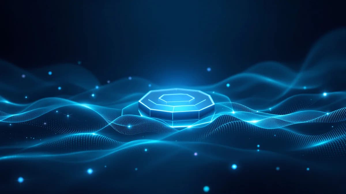 Abstract geometric shapes with interconnected hexagons and flowing curves in navy blue, teal, and silver representing strategic marketing intelligence and AI-powered solutions.