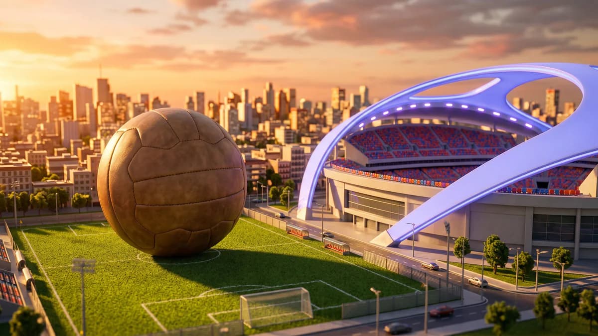 Giant vintage leather soccer ball on a miniature pitch beside a modern stadium with a glowing periwinkle roof arch against a golden-hour city skyline.