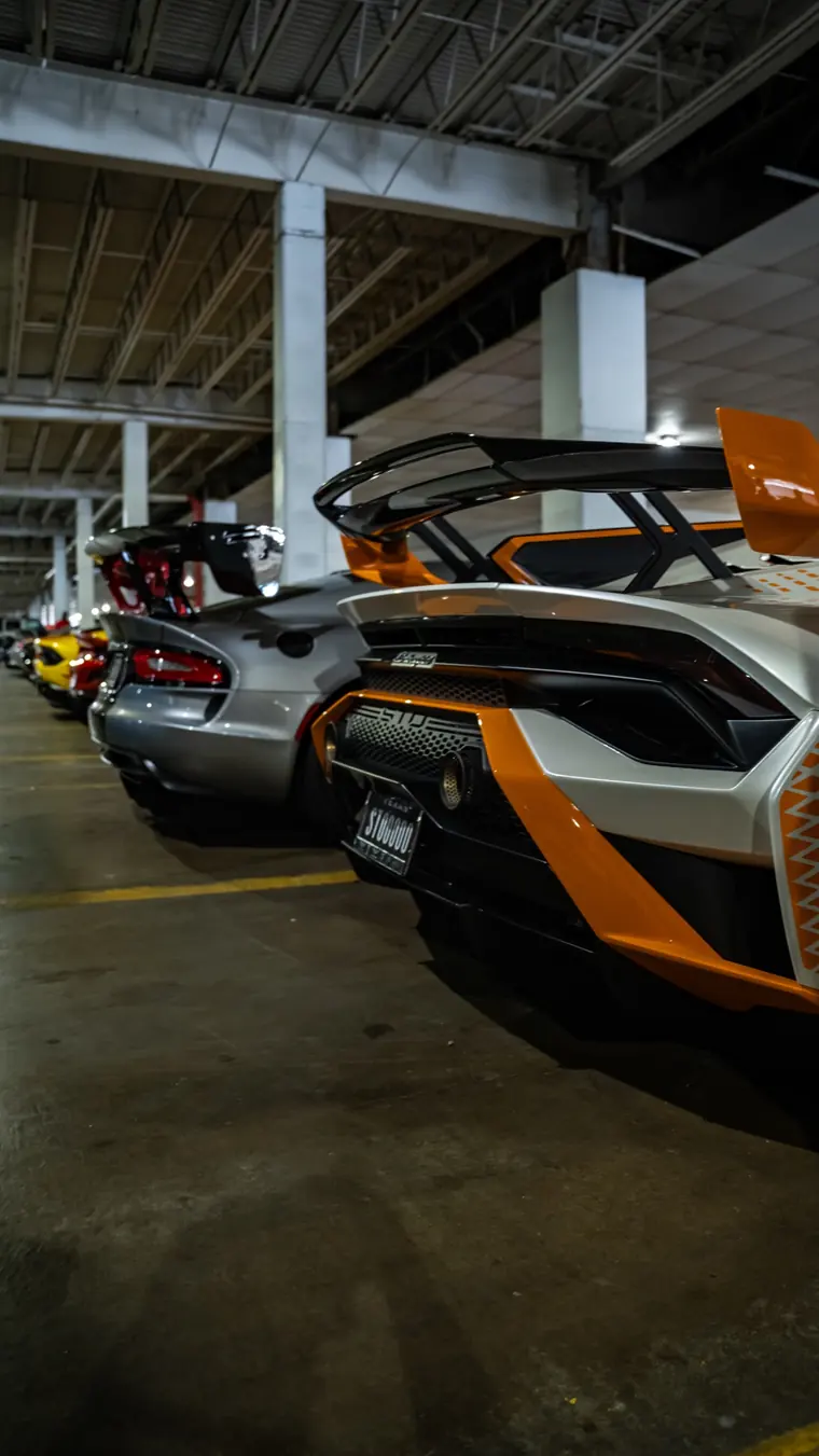 Supercars parked in a Houston garage